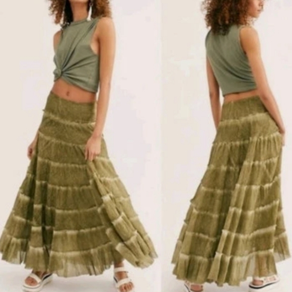 Free People Dresses & Skirts - Free People Stuck In A Moment  Maxi Skirt A Line Tiered Ruffle Hem Oregeno S NWT